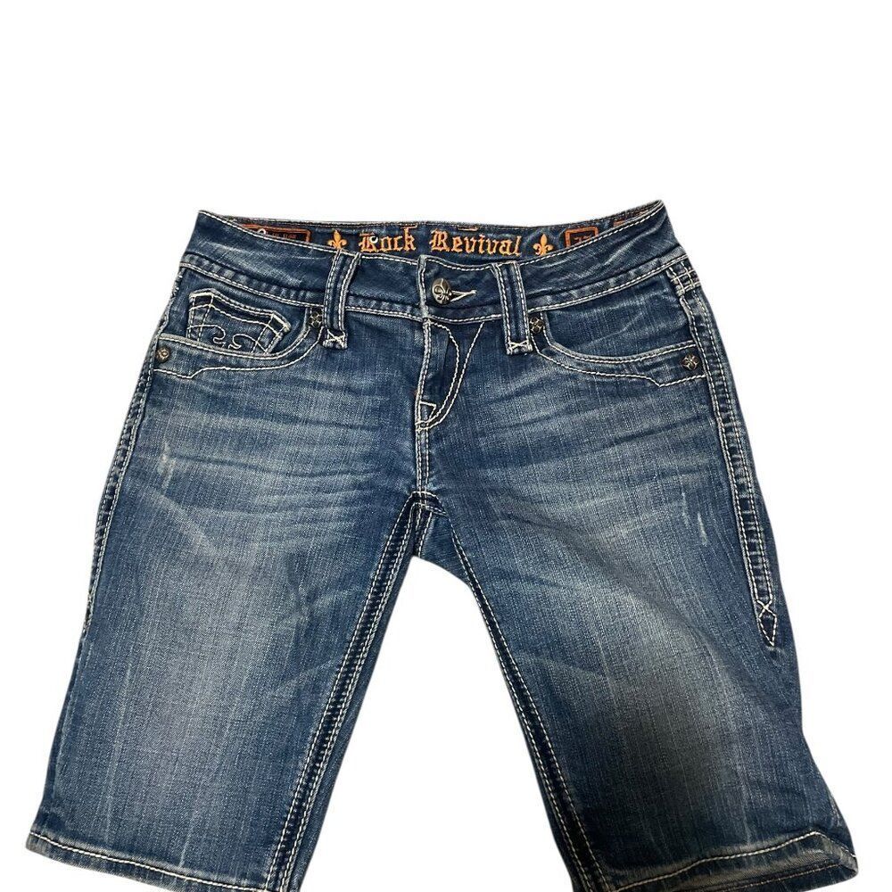Rock Revival Debbie Bermuda Blue Denim Embellished Thick Stitch Women's Sz 27